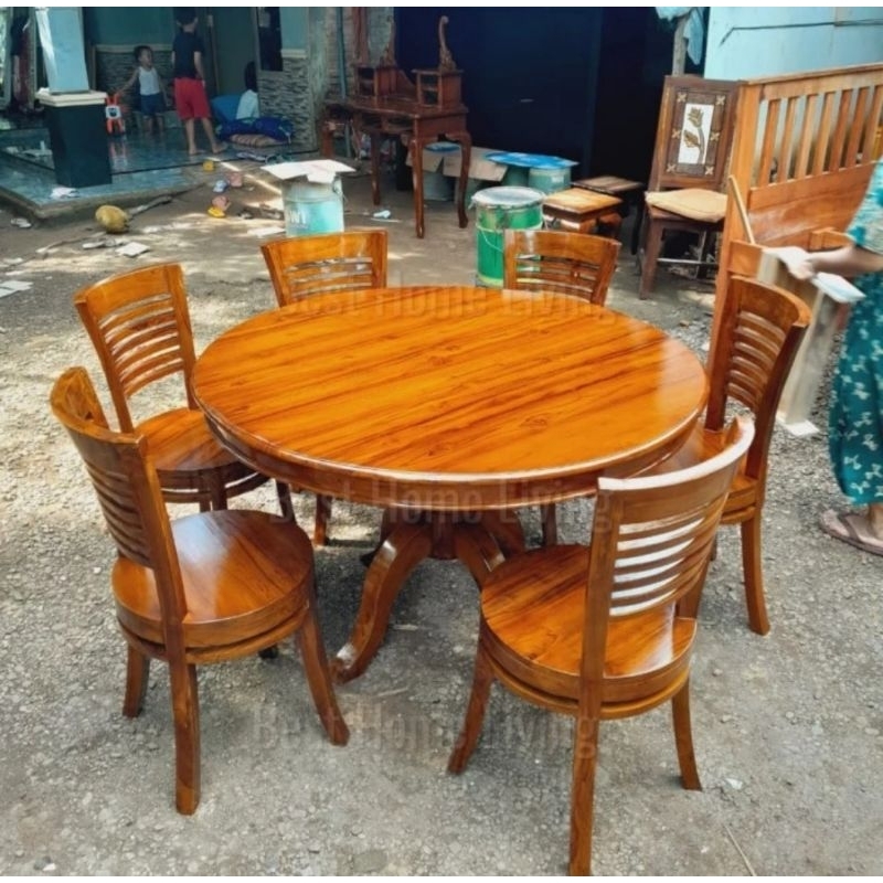 Meja Makan Bundar 6 Kursi Jati