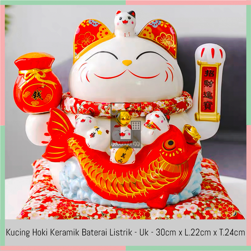 Pajangan Hiasan Patung Boneka Kucing Hoki Maneki Neko Maneko Neki Keberuntungan Rejeki Lucky Cat Keramik Ceramic Porselen Jepang China Cina Baterai Batre Batrai Batrei Listrik Ukuran Besar Big Size Sedang Medium Kecil Small XL XXL 3XL Kasir Toko Cafe Kafe