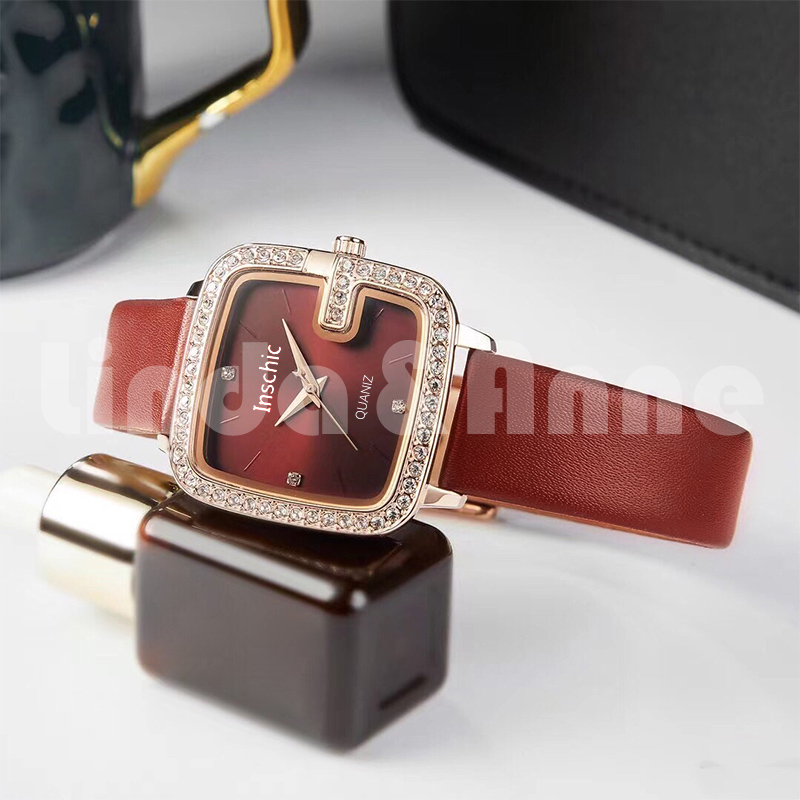 Jam Tangan Analog Dial Kotak Strap Pu Leather Aksen Berlian Imitasi Design Mewah Untuk Wanita