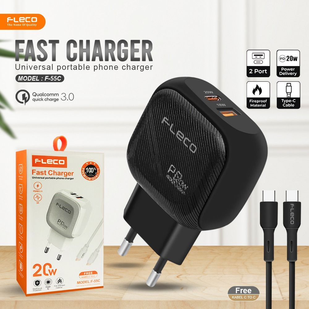 Charger Fleco F-55C Power Super Batok Fast Charging 3A PD 20W Dual Port Quick Charger USB dan TYPE-C