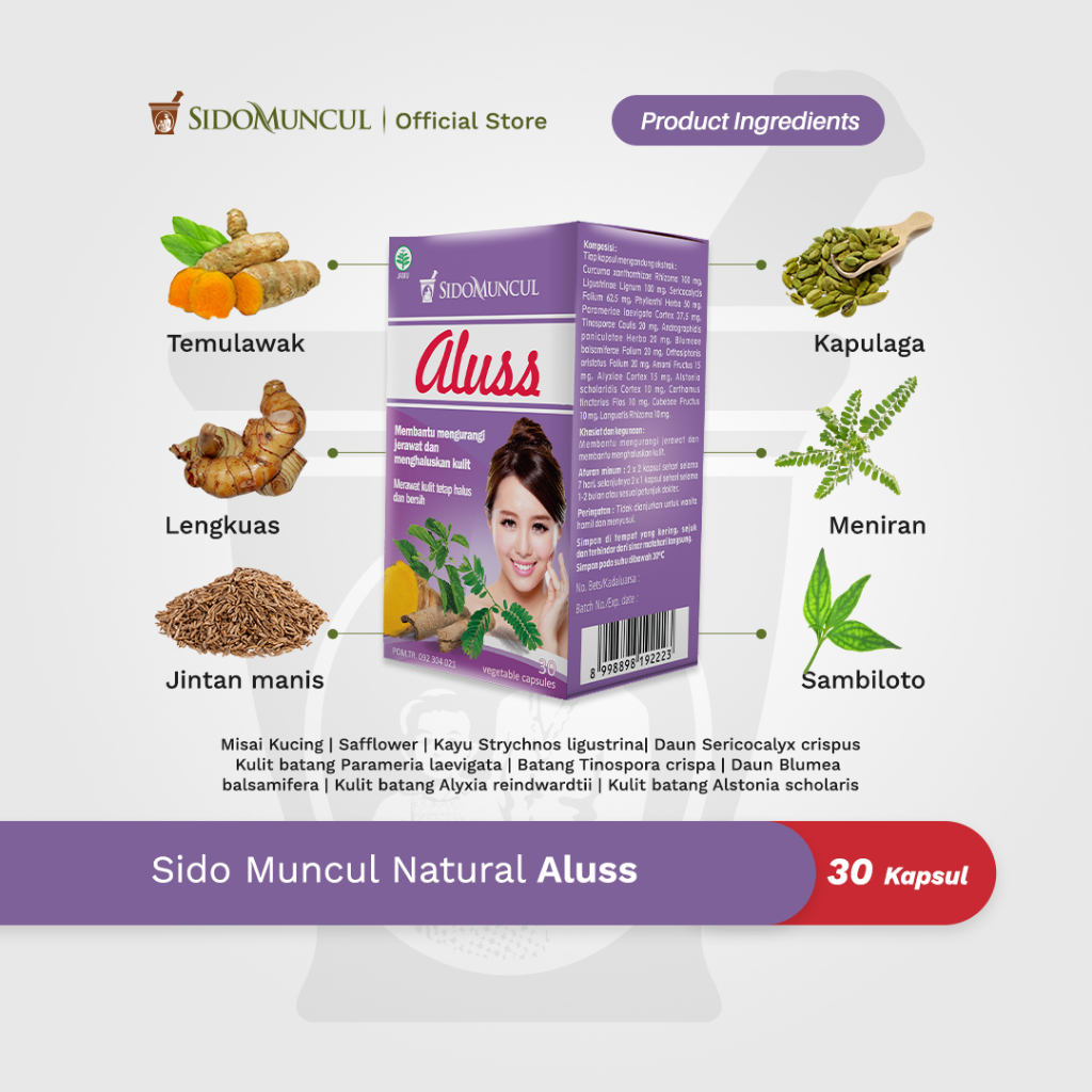 Sido Muncul Natural Herbal Aluss 30 Kapsul - Membantu Mengurangi Jerawat dan Membantu Menghaluskan Kulit