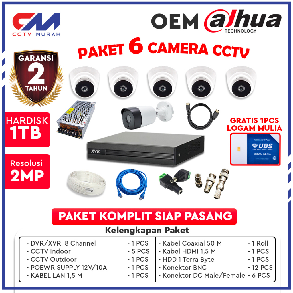 PAKET CAMERA CCTV LENGKAP XVR 8CH KAMERA 6 PCS SIAP PAKAI + KABEL 50M+ HDD 1TB GARANSI 2 TAHUN