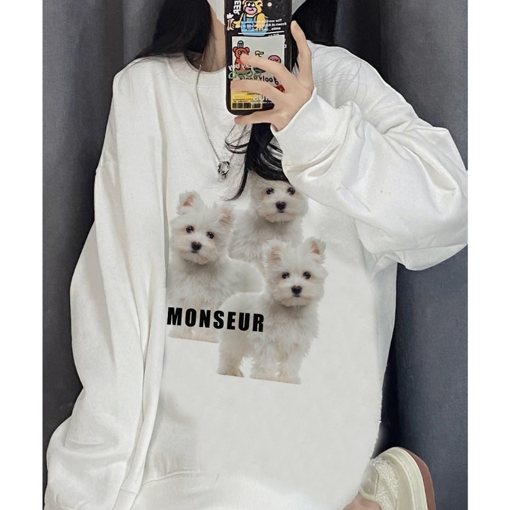 EUNII Sweater Lengan Panjang Cartoon Monseur Dog Printing Korean Style/Sweater Crop/Baju Wanita/Switer Wanita/Switer