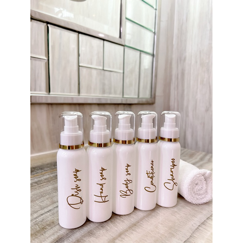 botol  TRAVEL SIZE PUTIH GOLD NEW 100ML PUMP TREATMENT . aesthetic bottle travelling BISA CUSTOM minimalist refill organizer tempat sabun cair pump mini estetik