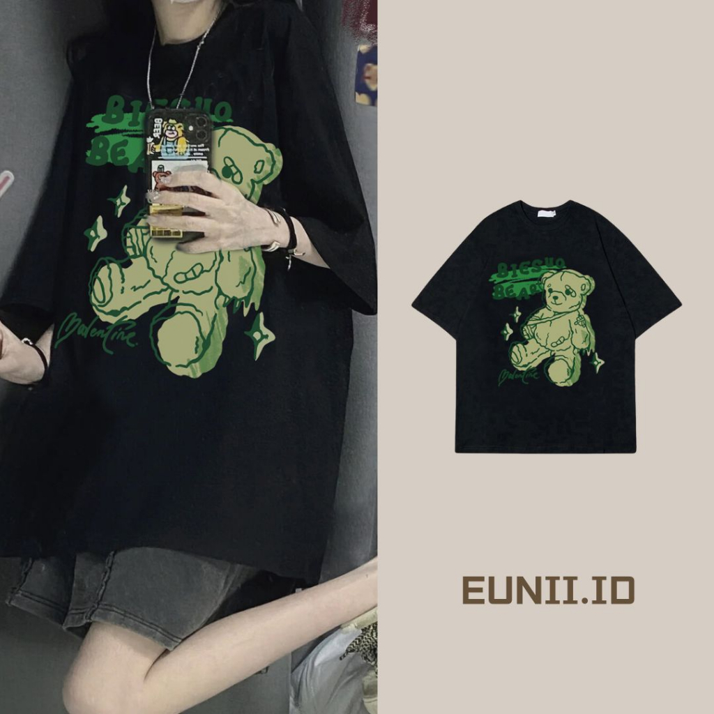 EUNII T-shirt Lengan Pendek Cartoon Green Bear Korean Style/Kaos Atasan Wanita/Baju Kaus Oversize Wanita/Kaos Wanita