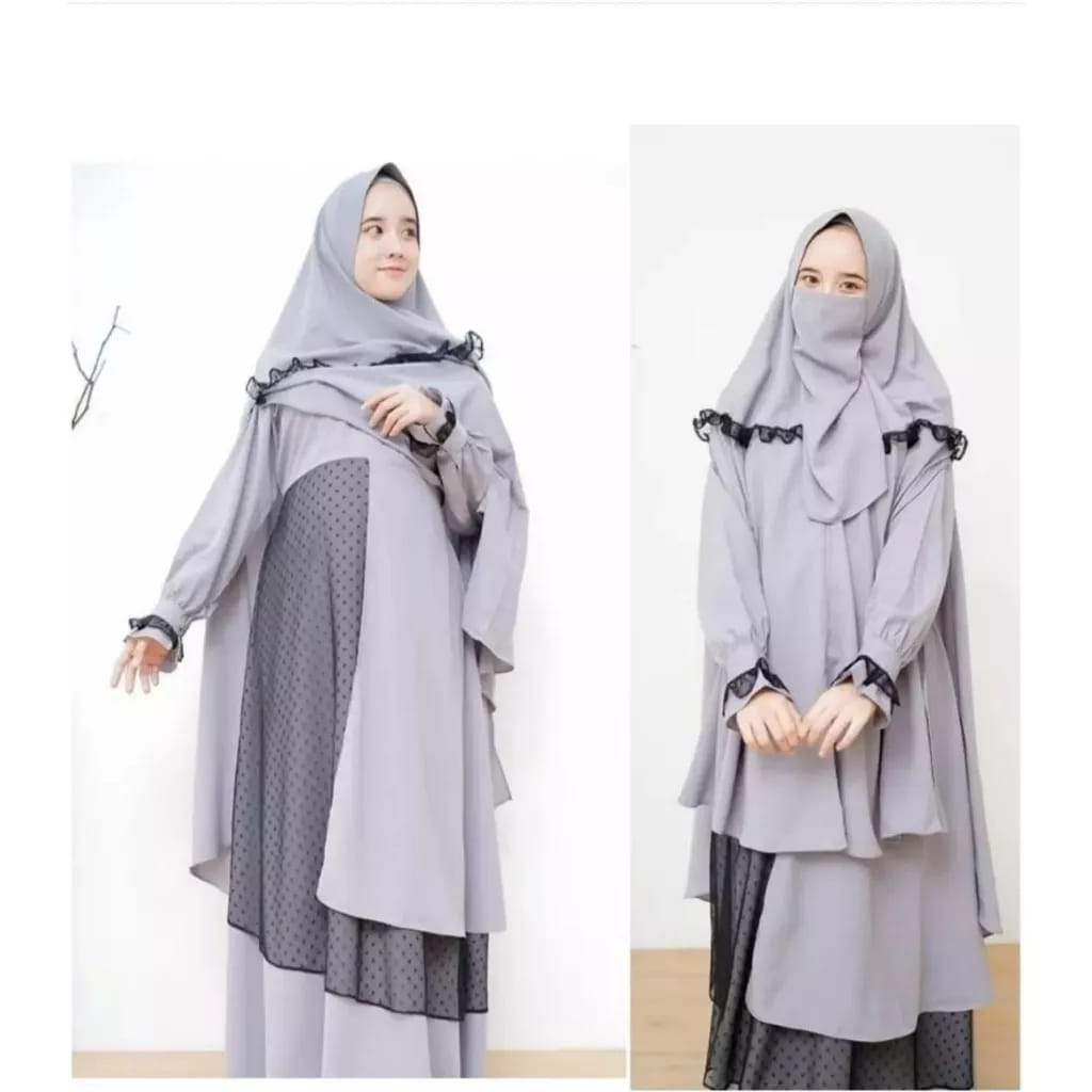 Gamis Syari Terbaru Al Syifa Syari Set Khimar Gamis Crinkle Airflow Mix Tille Dot Baju Kondangan Wanita Kekinian Gaun Pesta Muslimah