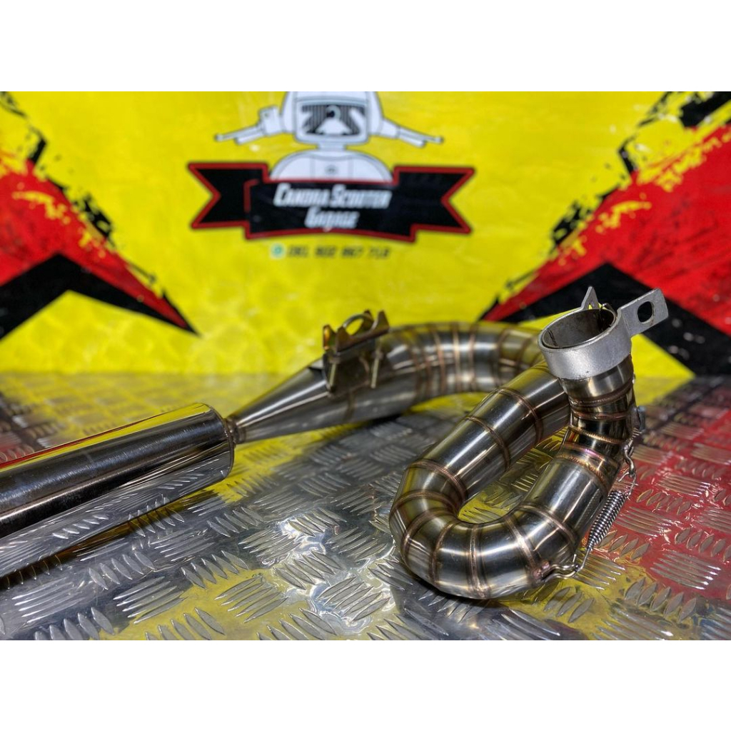 Knalpot Vespa Racing 200cc DRC Anaconda Full Stainless Kolong Kiri | Candra Scooter Garage