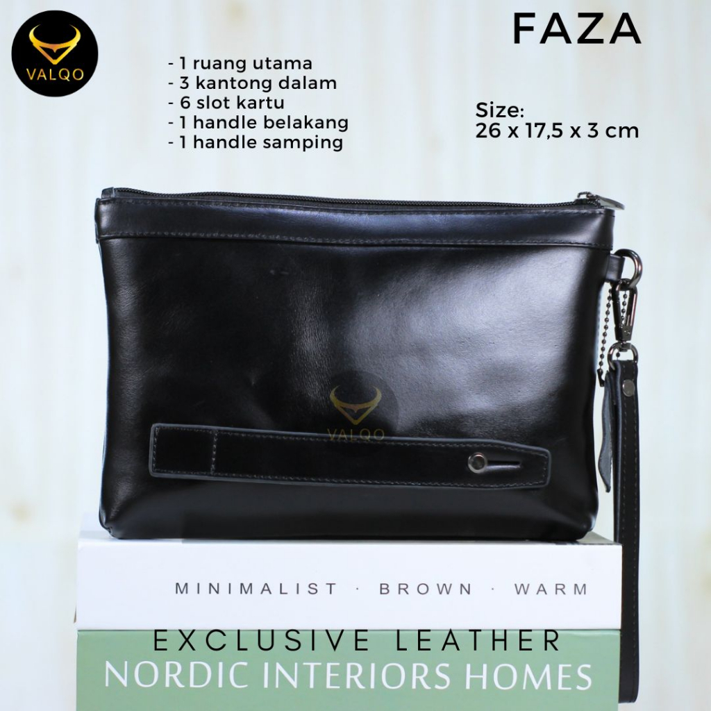 [VALQO] FAZA Clutch kulit Sapi Pouch Kulit Handbag Kulit Wanita Pria 6 Slot Kartu Tas Tangan Dompet Tangan