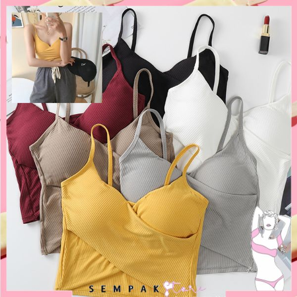 SS Tank Top Wanita 6813 Crop Top Model Silang Bralette Tank Top Cross Twist Tank Top Dengan Cup Tanpa Kawat Korean Girl Style