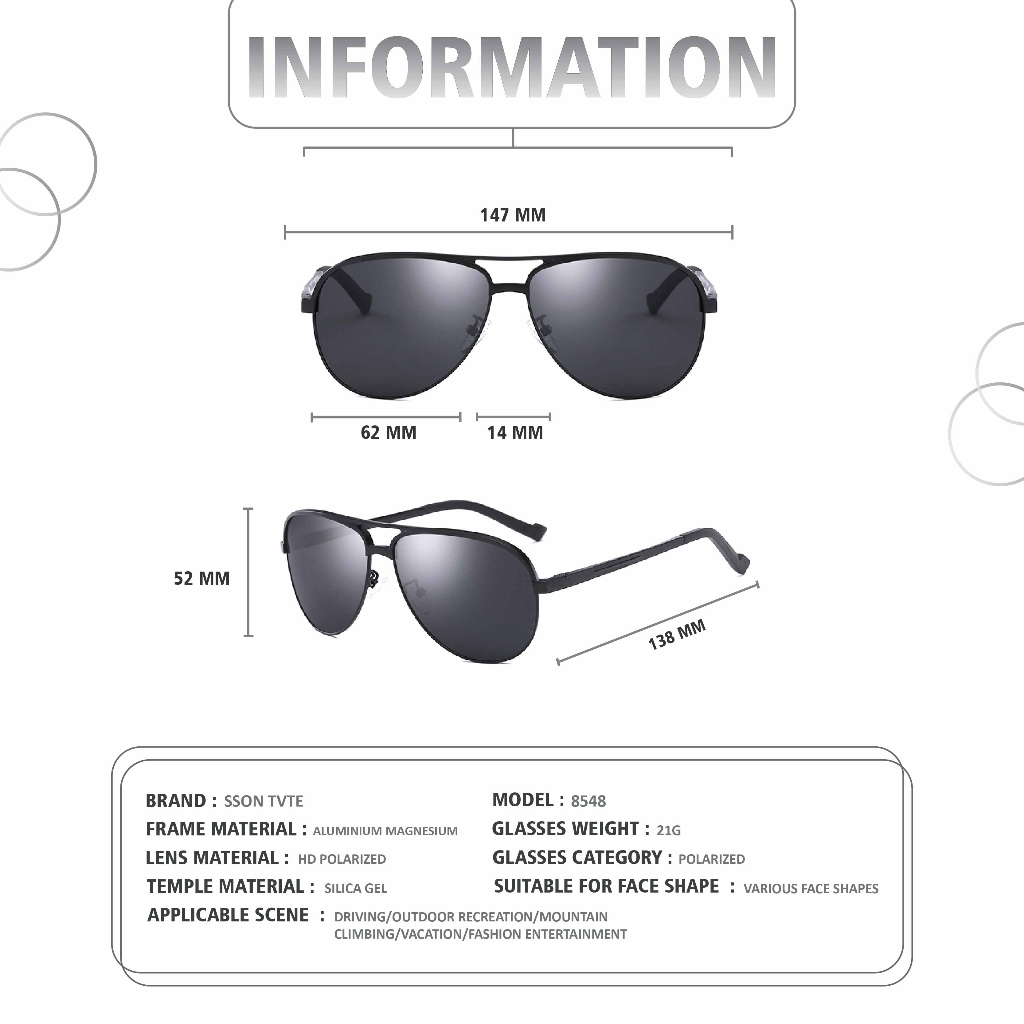 SSON TVTE - Kacamata Hitam Aluminium Polarized Sunglasses Aviator Anti UV400 8548