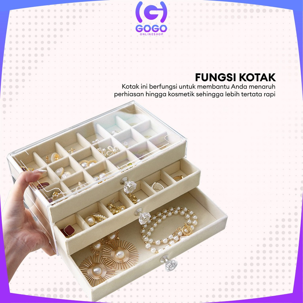 GOGO-K148 Kotak Perhiasan Wanita 3 Laci Jewelry Box dengan Sekat Serbaguna / Tempat Penyimpanan Cincin Kalung Anting Multifungsi / Rak Perhiasan 3 Tingkat Import