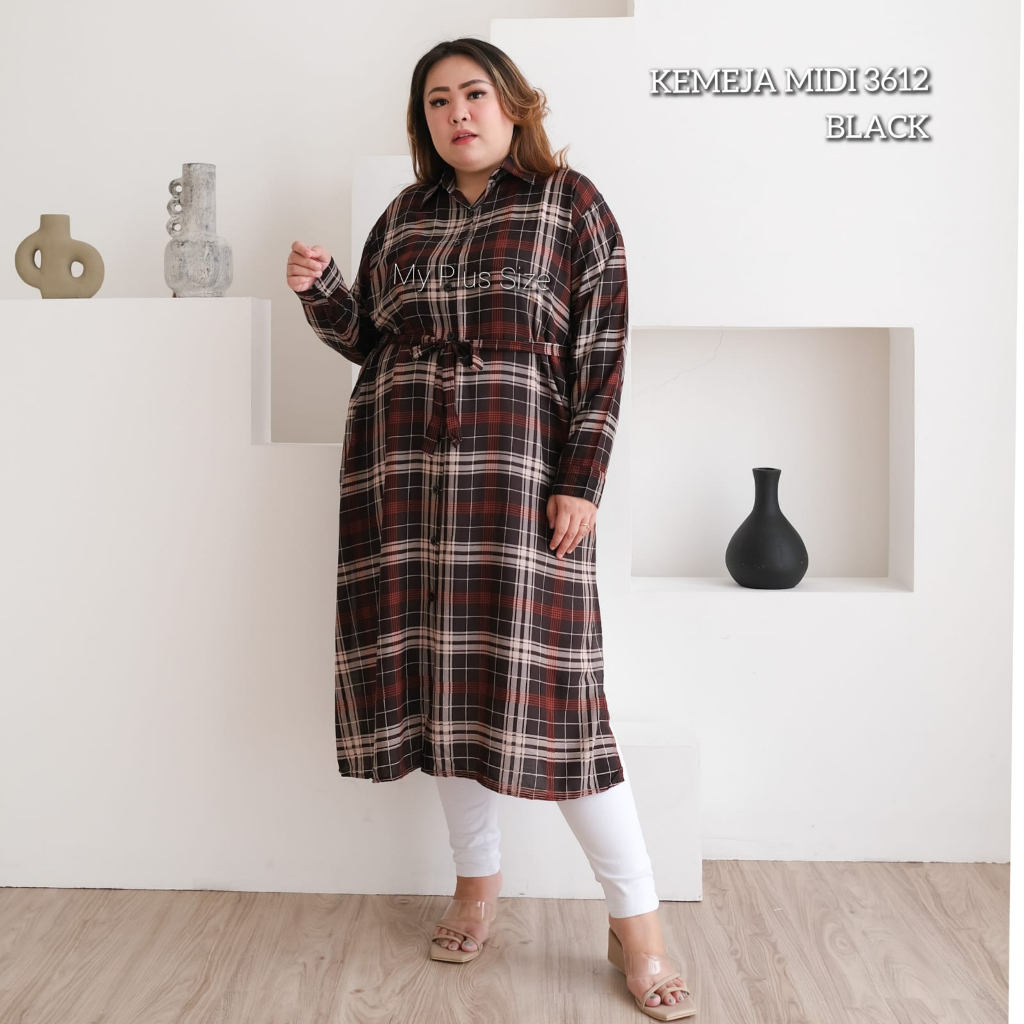 Kemeja Midi Long Tunik Kotak Jumbo 3612, Ld 135 &amp; 150 cm