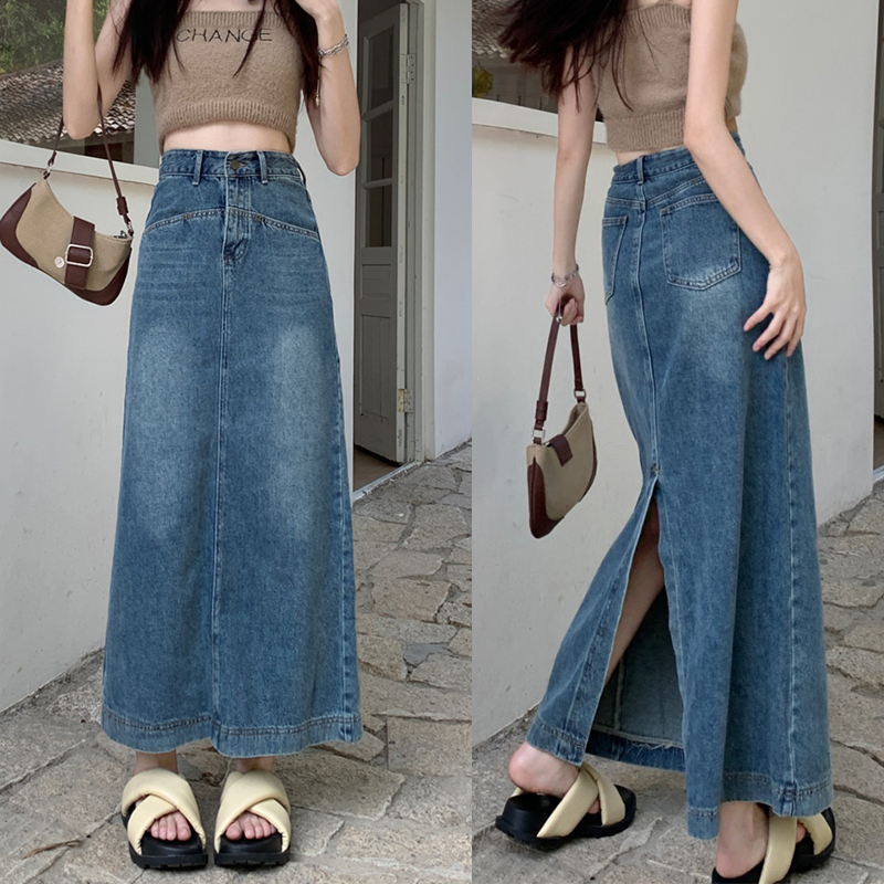 Korean style Rok dres Split a-line skirt Rok panjang denim a-line skirt  midi slit