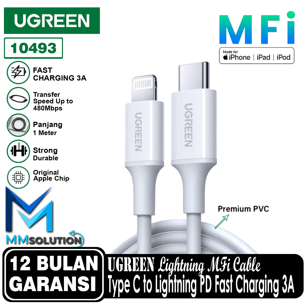 UGREEN MFI Kabel Fast Charging Type C to Lightning iPhone Rubber Shell - 10493 WHITE 1M