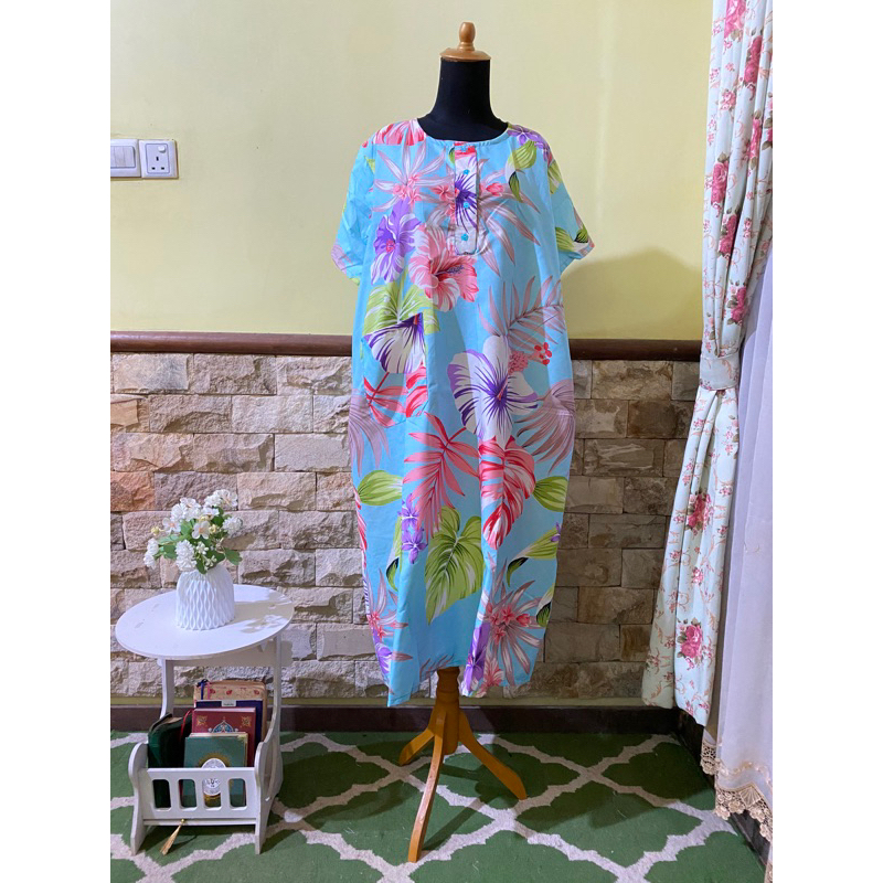 Daster Premium Biru muda motif monstera