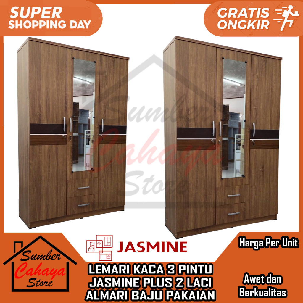 [Instan] LEMARI KACA 3 PINTU JASMINE ALD 8113 LH NOVA PLUS 2 LACI ALMARI BAJU PAKAIAN LAWANG TIGA TH