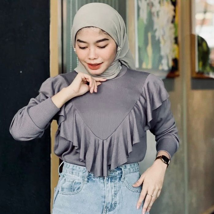 Nuna Blouse Layer Cotton Rib Atasan Wanita Lengan Panjang Rempel Depan Korean Style