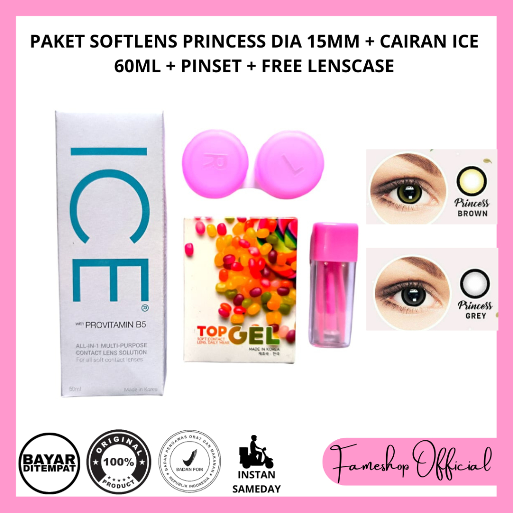 PAKET SOFTLENS TOPGELL PRINCESS DIA 15MM + CAIRAN ICE 60ML + PINSET + FREE LENCASE