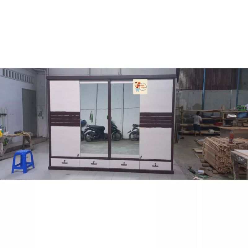 Lemari Pakaian 4 Pintu Sliding HPL 300x200cm - Lemari Baju full Kayu - Medan