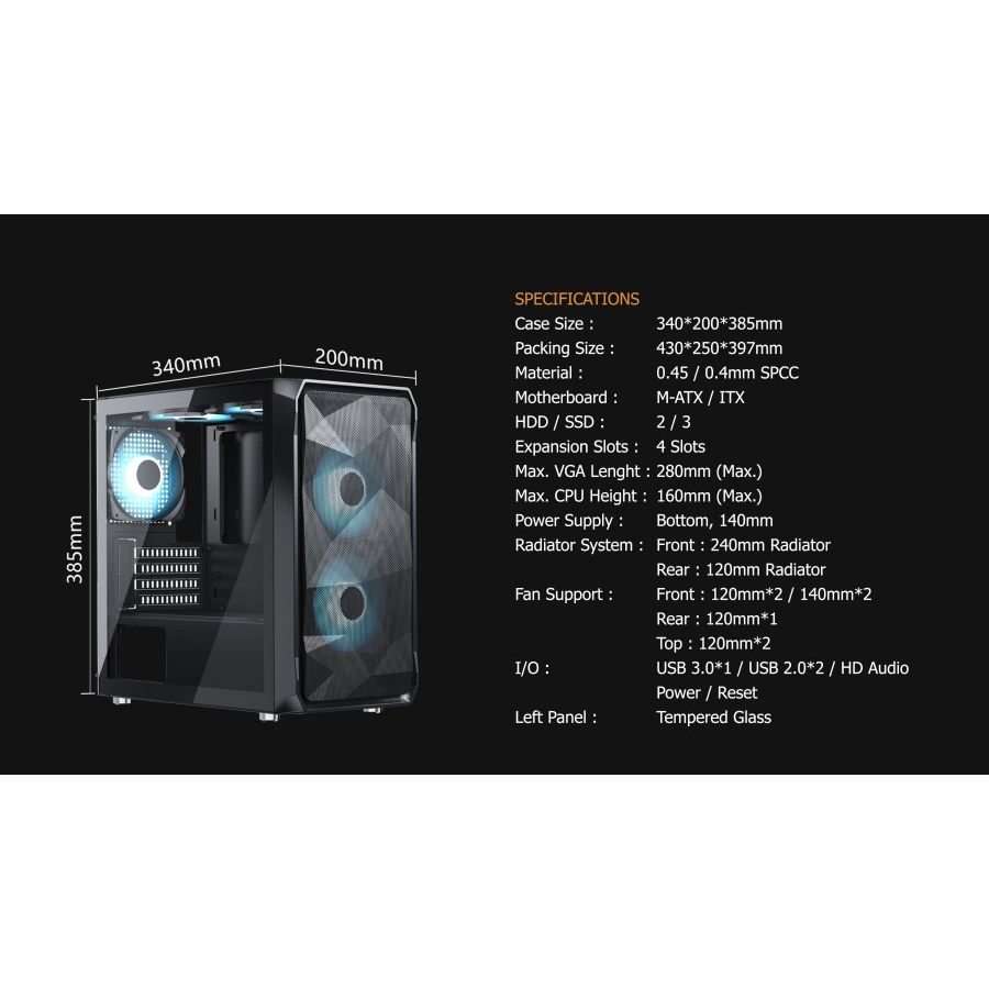 CASING VENOMRX PRAVA  + 2FAN Tempered Glass Side M-ATX Gaming Case - Hitam