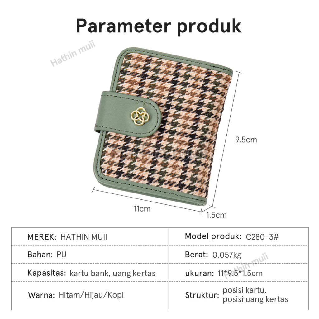 Hathin muii COD  Dompet Pendek Wanita -  Fenty Wallet Houndstooth Ritsleting Atau Tutup Mode Retro Fashion Korea Women's Wallet