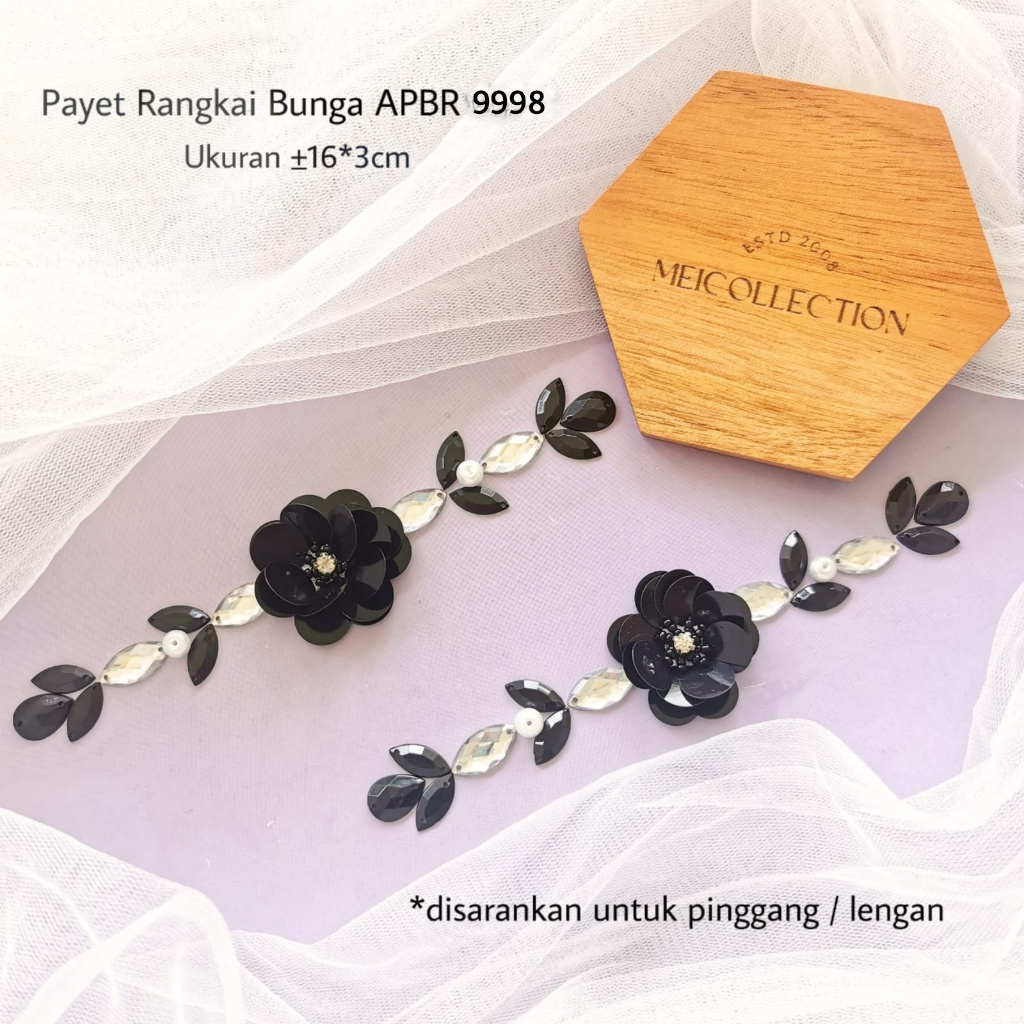 payet rangkai bunga 3d APBR 9998 black white permata lengan
