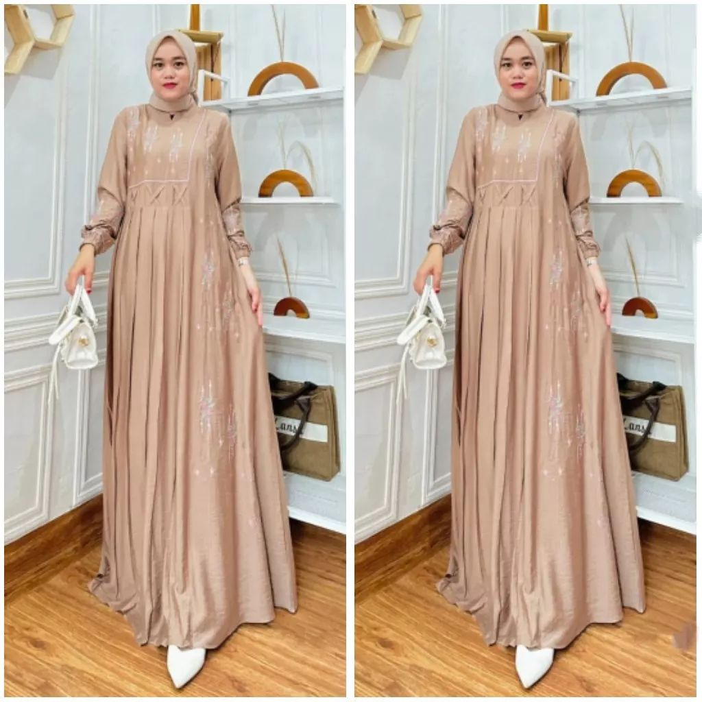 KARINA MAXI Bahan Polo Linen Mix Bordir Gamis Remaja Dewasa Terbaru Dress Kondangan Lebaran Cantik K