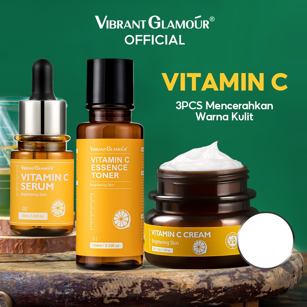 VIBRANT GLAMOR Set Pemutih Vitamin C Toner Esensi Wajah + Serum + Krim Memudarkan Bintik Hitam