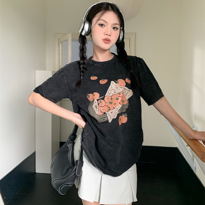 Print Washed T-shirt Kaos Lengan Pendek Oversize Cartoon Tomato Korean Style Atasan Wanita