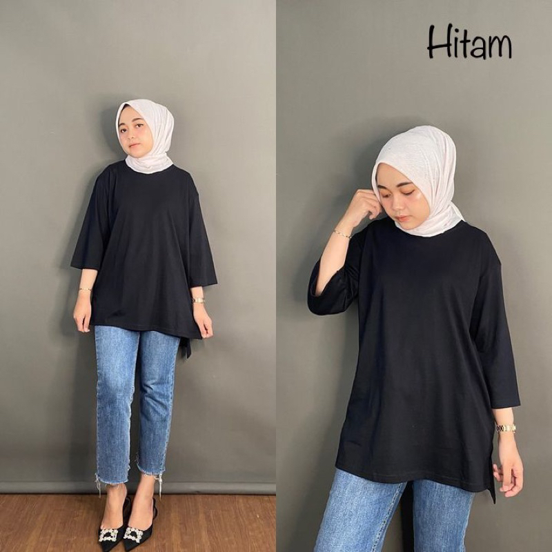 LD 120 Atasan Oversize JUMBO Semi Knitwear Top Basic Polos Hijab Friendly Lengan 7/8 - Atasan Kaos Rajut Batwing