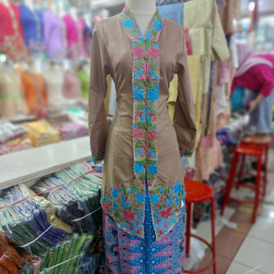 setelan kebaya tunik encim bordir warna bahan katun Ima premium - Mocca, M