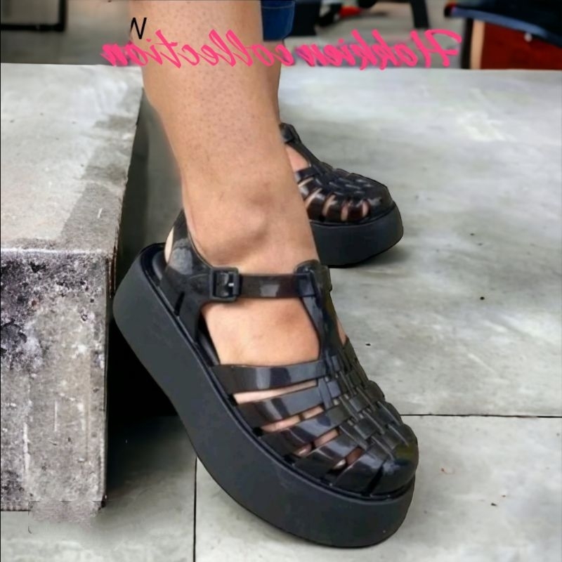 sandal tali wedges karet tujuh cm import