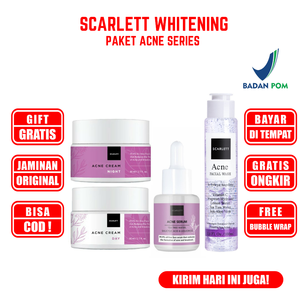 Scarlett Whitening Paket Acne Lengkap [FREE GIFT] Original 1 Sepaket Serum Cream Facial Wash Toner B