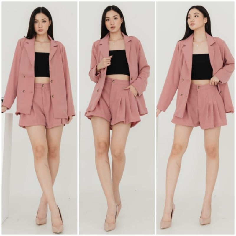 ❣️ SPECIAL PRICE ♡ PREMIUM ♡ ORIGINAL ! JENNIE 2 IN 1 PLAIN 2 IN 1 SET COLLAR BUTTON LONG SLEEVE BLAZER WITH SHORT PANTS / SETELAN OUTER &amp; CELANA PENDEK