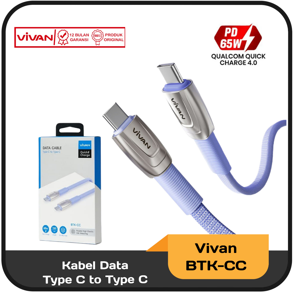 Kabel Data Type C to Type C 65W Vivan BTK-CC 120 cm Quick Charge