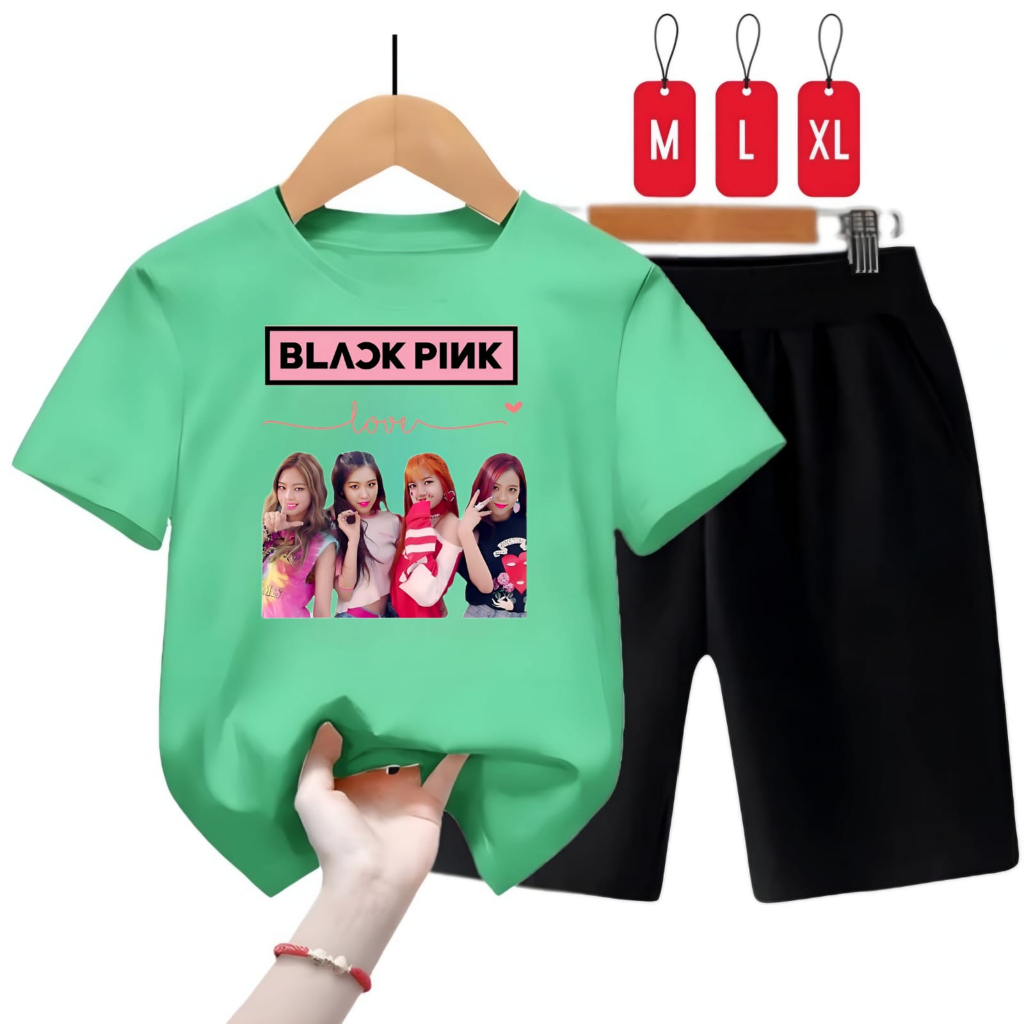 Hzl_outfit Setelan Kaos Celana Anak BLK pink Love M.L.XL