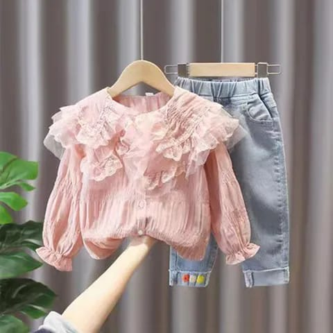 Setelan anak perempuan motif RENDA PINK usia 2-7 tahun baju celana panjang baby kekinian