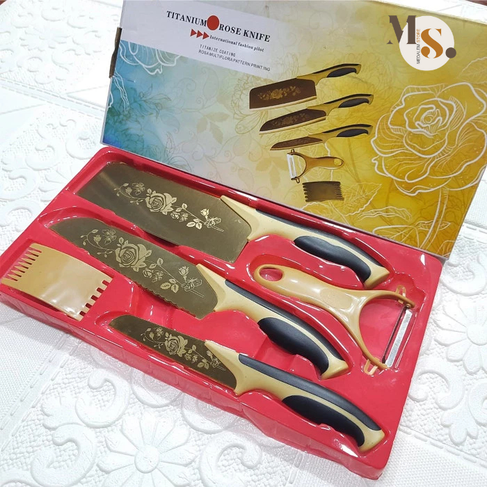 Pisau Set Dapur Gold Kitchen Set Knife 5 in 1 Motif Bunga Stainless Tajam Murah Serbaguna