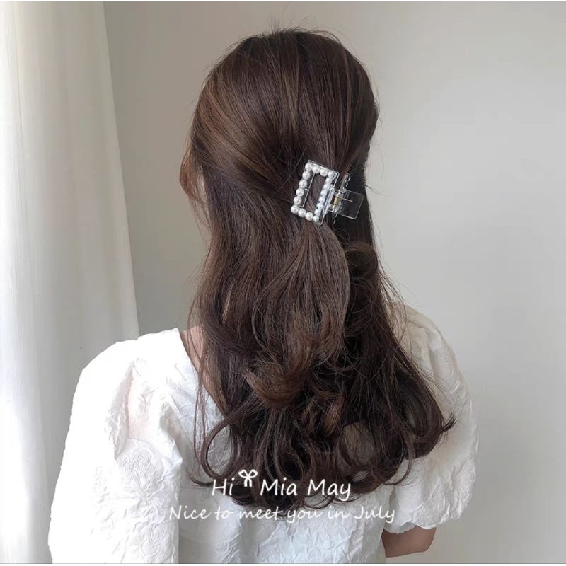 Jepit Rambut Salon Kotak Bolong Transparan 5cm Jedai Kotak Bolong dengan Handle Jedai Mutiara Transparan 5cm Pearl Square Hair Claw Clips