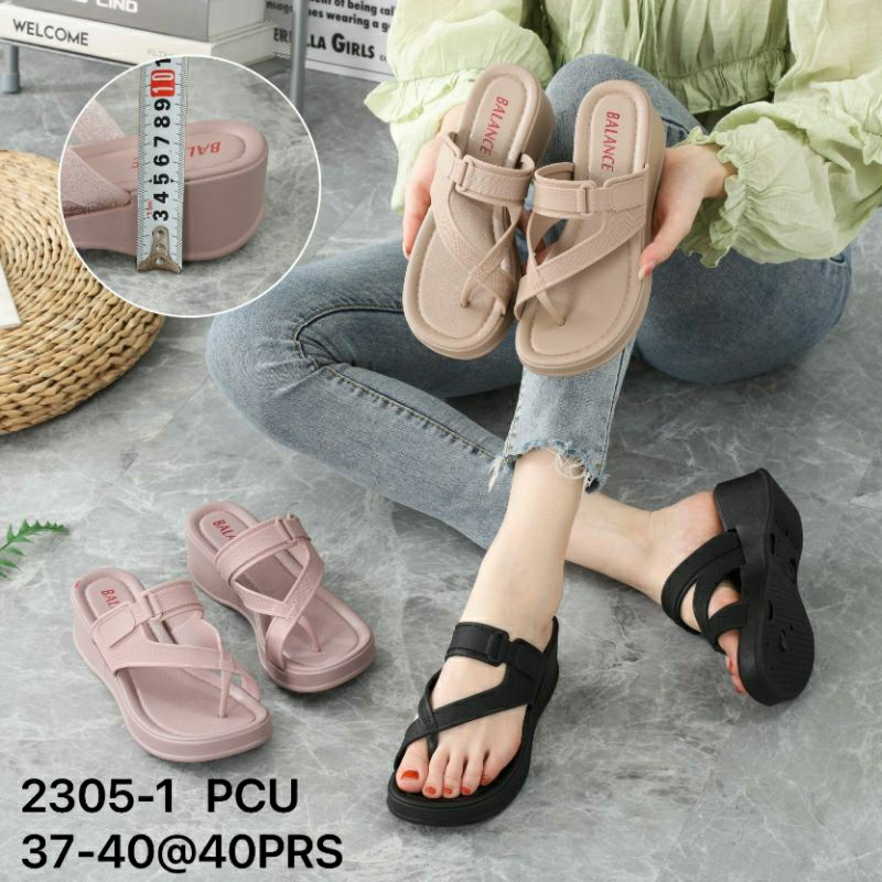 2305-1 Original Sandal Balance Wedges Karet Motif Tali Silang Jempol Selop Wanita Terbaru Platform Strap Jepit Import Tinggi 5 Cm Sendal Sepatu Japit Jelly Slop PVC Cewek Perempuan Impor Ringan Elastis Empuk Cantik Elegan 2305 2305-B Semi Formal Sol Tebal