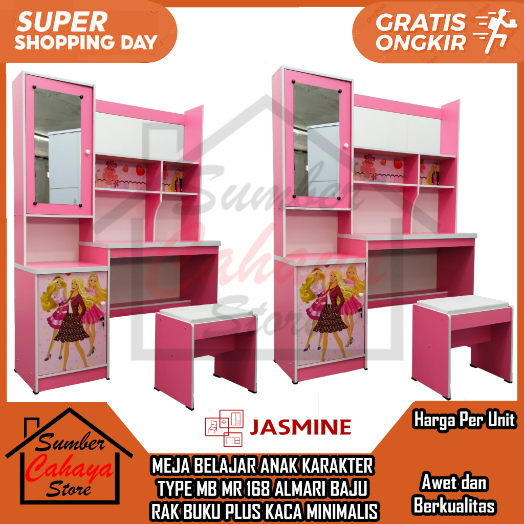 [Instan] MEJA BELAJAR ANAK KARAKTER TYPE MB MR 168 ALMARI BAJU  RAK BUKU PLUS KACA MINIMALIS PINK JA