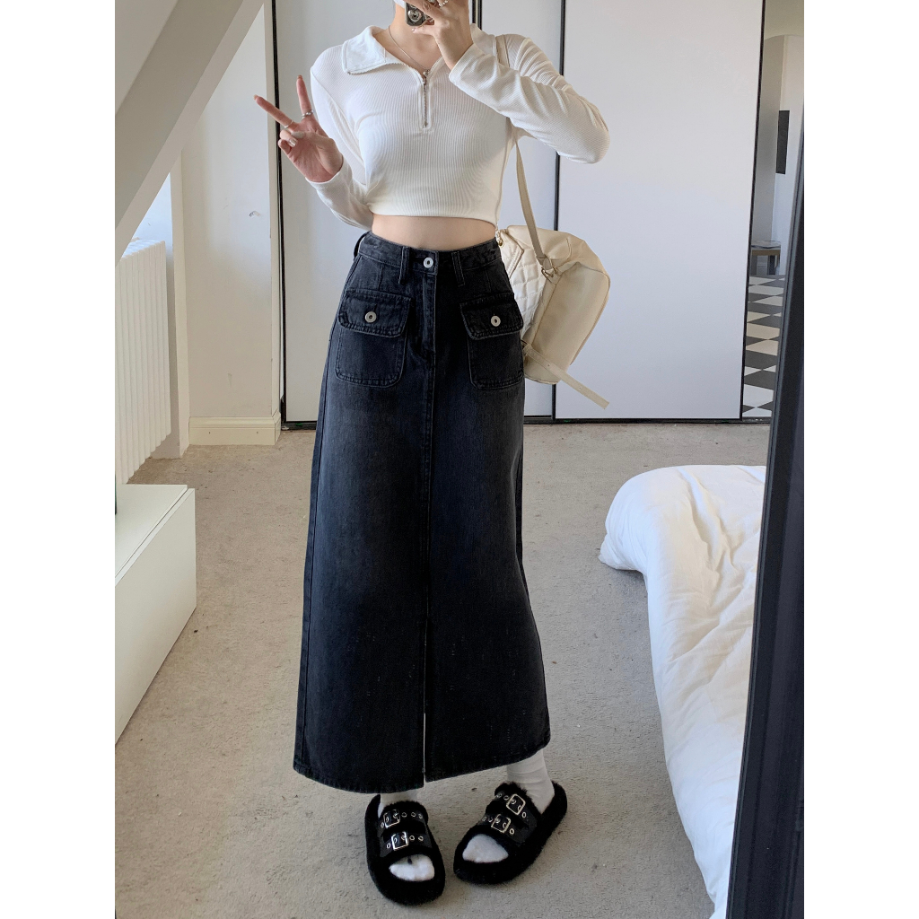 Rok Denim Wanita Korean Style Rok Jeans panjang Premium Vintage A-line Skirt Highwaist Rok Jeans