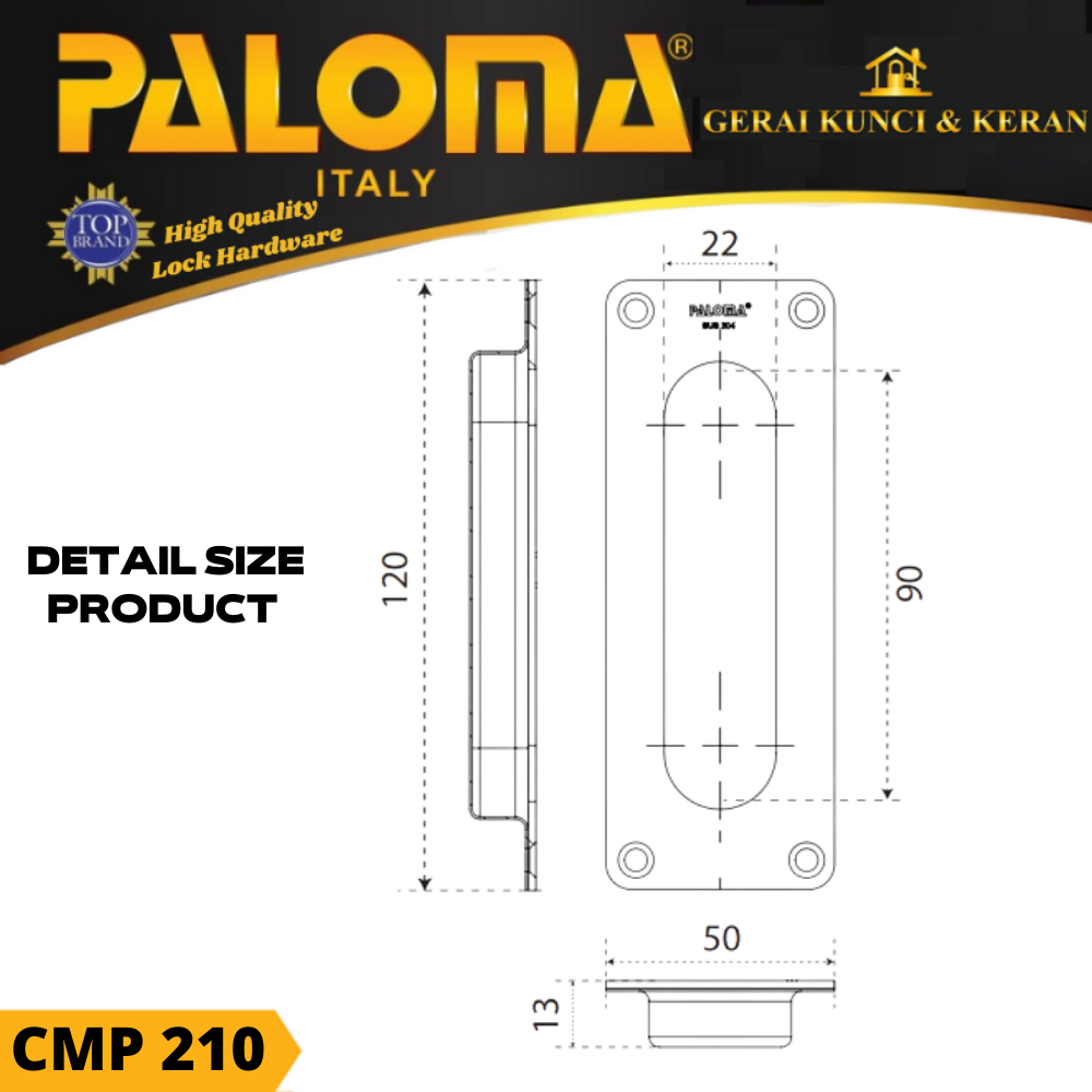 Handle Pintu Sliding PALOMA CMP 210 SQ 12cm Comen Flush Tanam Geser GOLD EMAS