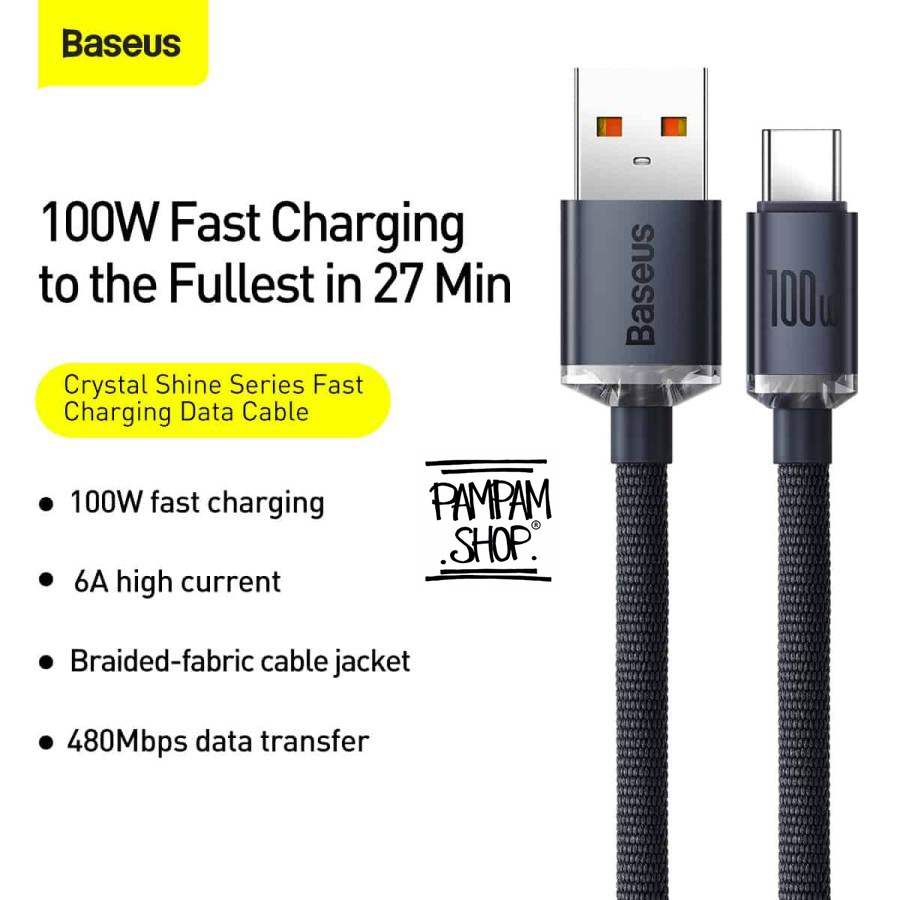 Baseus Original Kabel Data Charger Crystal Shine 100W 6A USB to Type C Fast Charging Braided Cable Casan Tipe C Ori 100 Watt