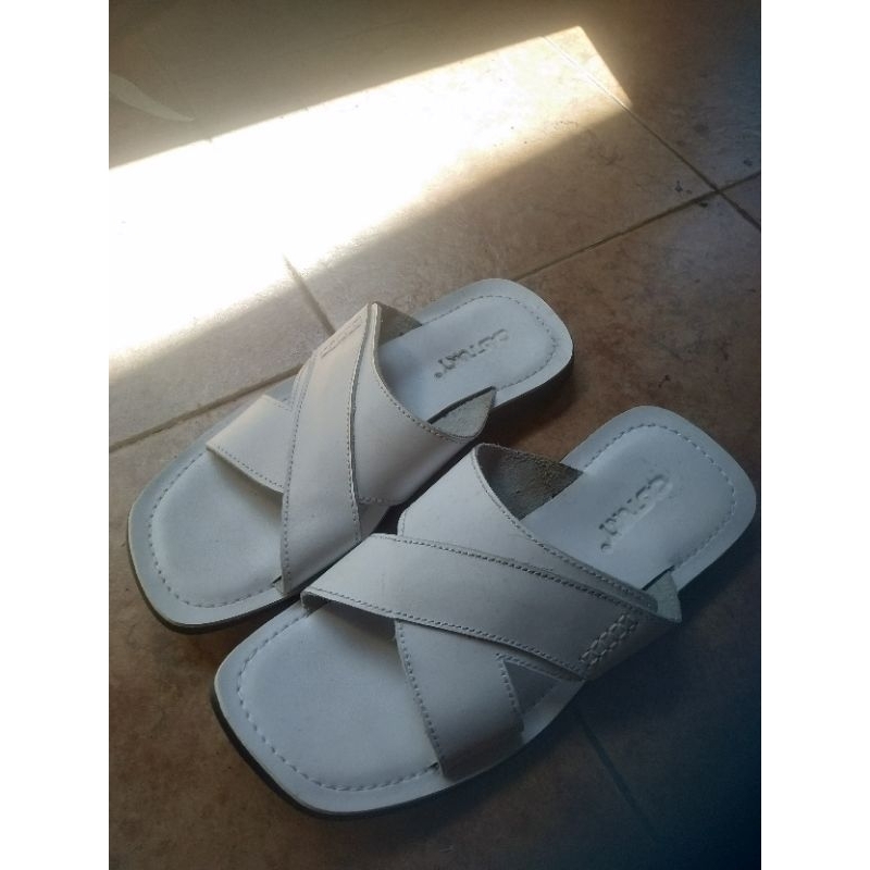 sandal sendal slop pria cowok dewasa kulit asli  warna putih original berkualitas  terbaru murah