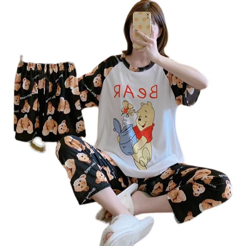 (Hello Girl)SY06 Set Piyama  Baju Tidur Wanita 3IN1 Motif Kartun Gaya Korea  Import