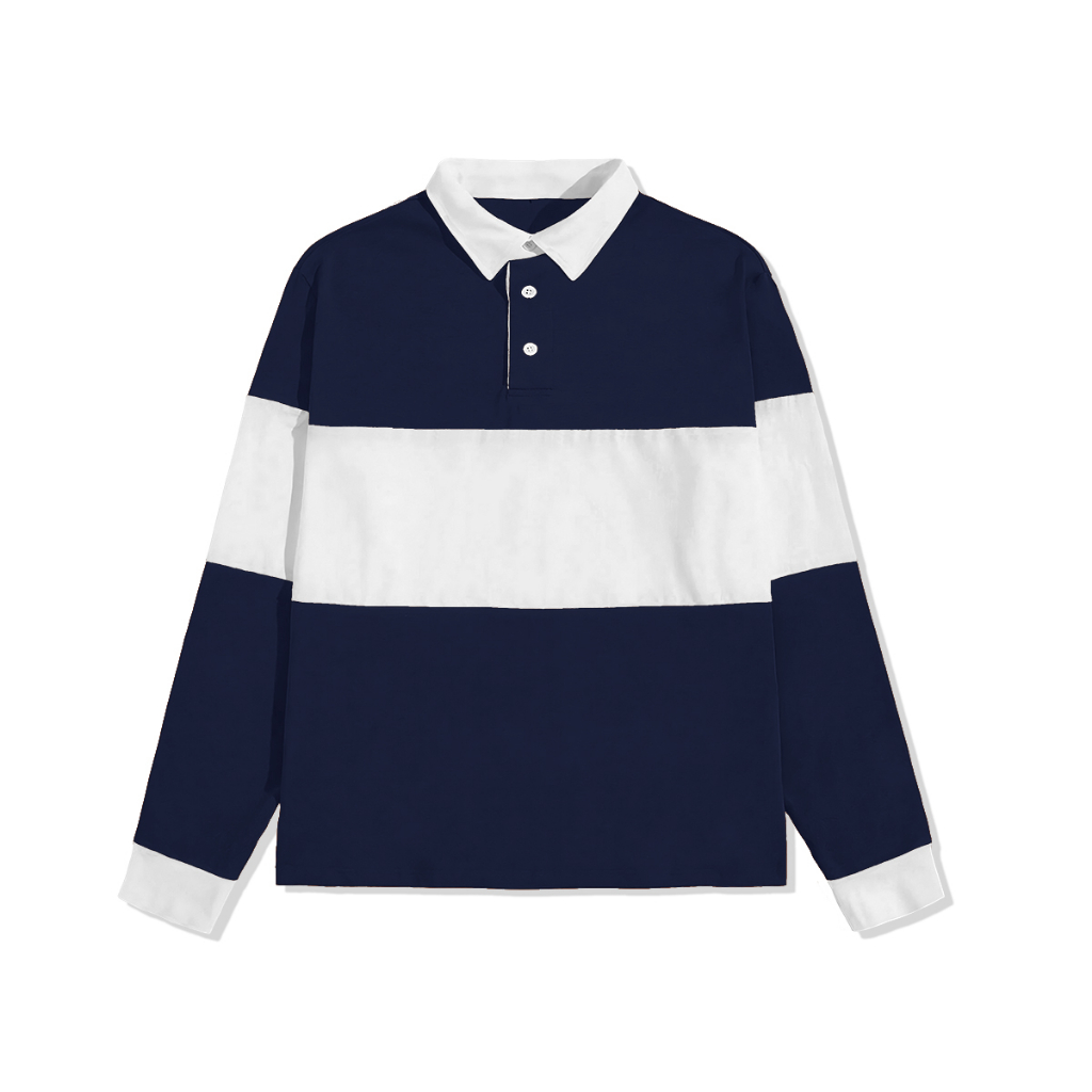 Sweatshirt Kaos Polo Pria dan Wanita Kaos Oversize Rugby Shirt-Navy White