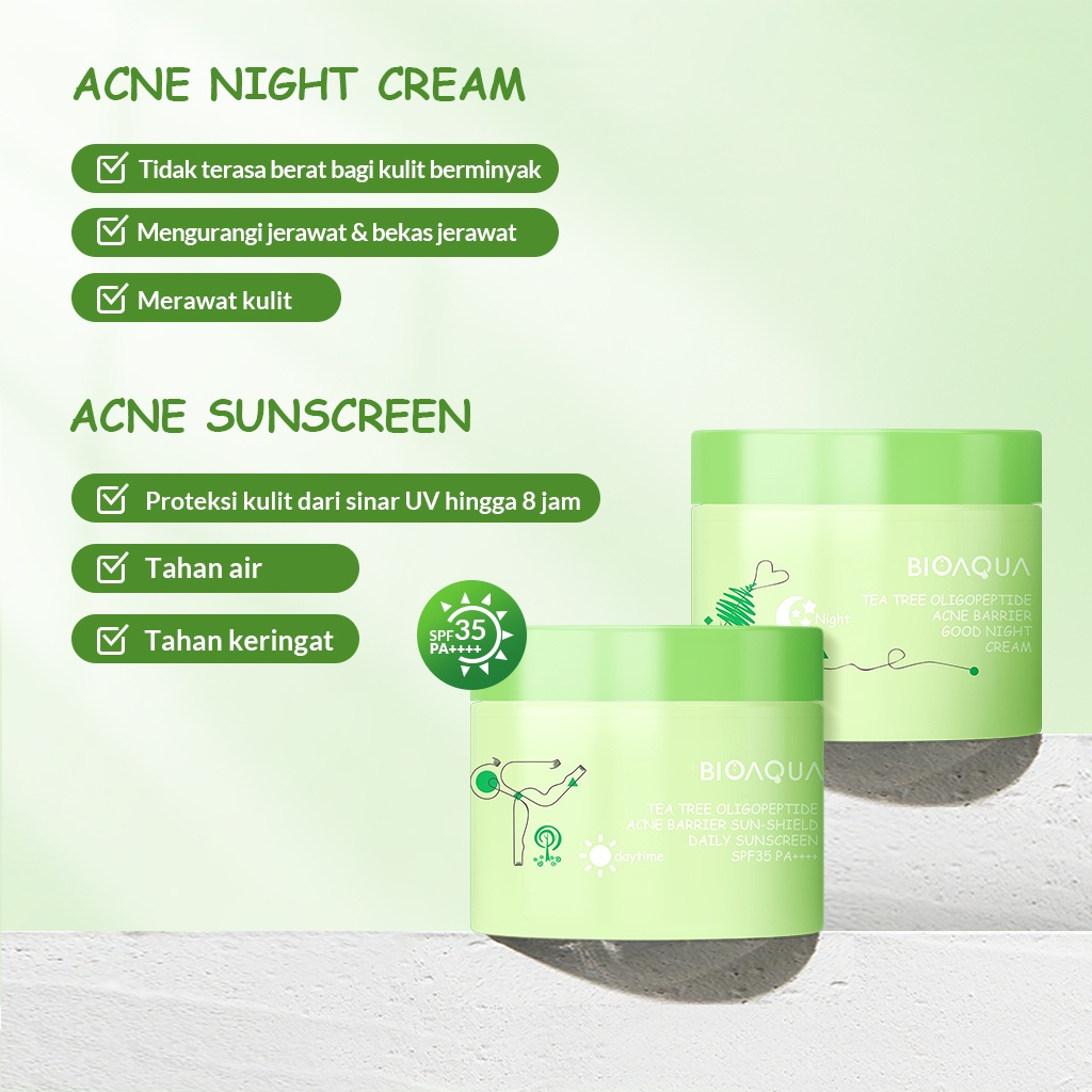 BIOAQUA Niacinamide Glowing &amp; Brightening / Tea Tree Oligopeptide Acne Set isi (4) With Cleanser / Toner / Sunscreen / Night Cream - Bioaqua Paket Skincare Wajah - Bpom