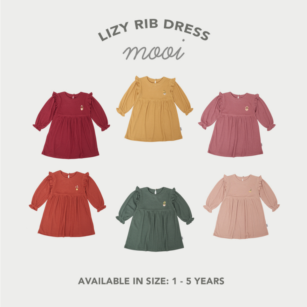 Mooi Lizy Rib Long Dress 1-5 Tahun Dress Panjang Reeb Ruffle Bordir Anak Perempuan