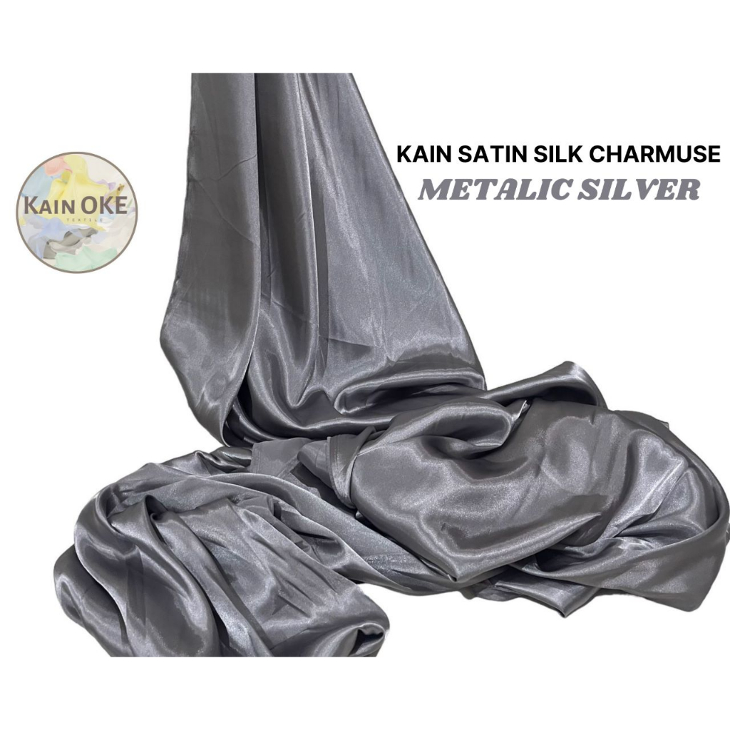1/2 m Kain Satin Silk Metalic SIlver / Abu- abu / Grey Charmuse Glossy Glowing Mengkilap Premium Gra